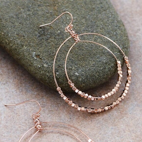 Rose Gold Hoop Dangle Earrings – Double Circle Beaded Drops – Lightweight NWT - Picture 3 of 9